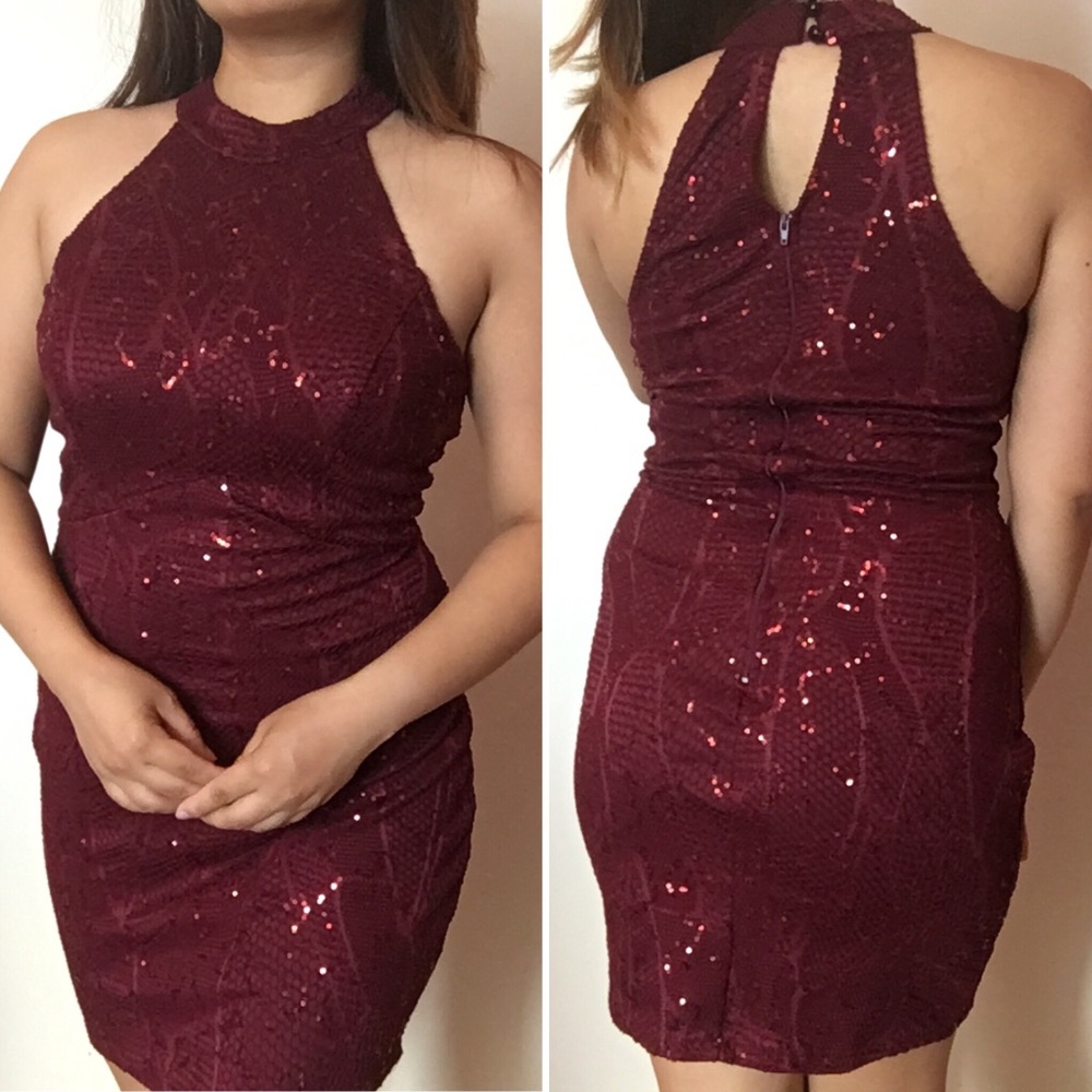 Burgundy Sequin Halter Minidress